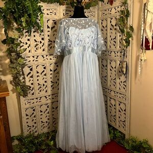 EVER PRETTY BEAUTIFUL BABY BLUE & SILVER ACCENTS SHORT SLEEVE FORMAL MAXI DRESS